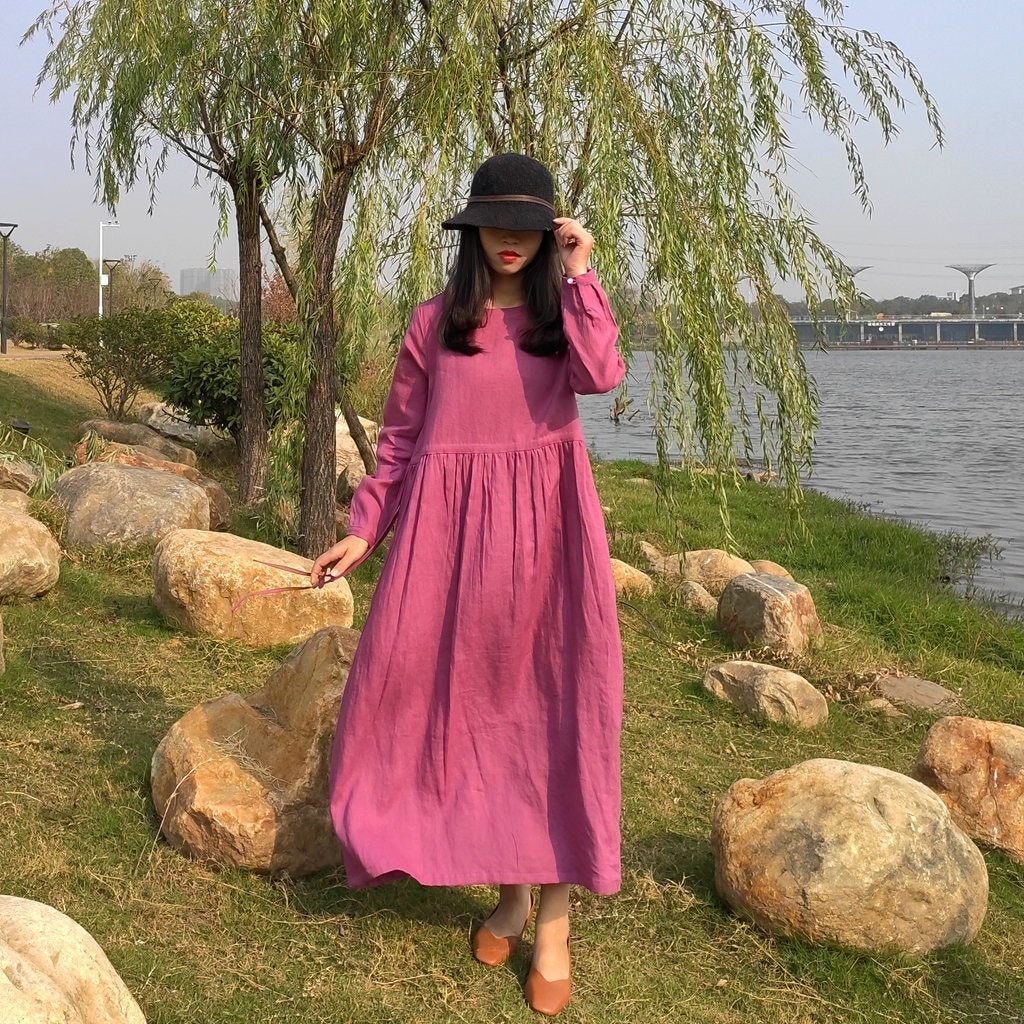 Cotton Dress Casual Loose Robes Long Sleeves Shift Dress Boho A-line Maxi Retro Dresses Customized Dress Plus Size Clothing  Linen Dress