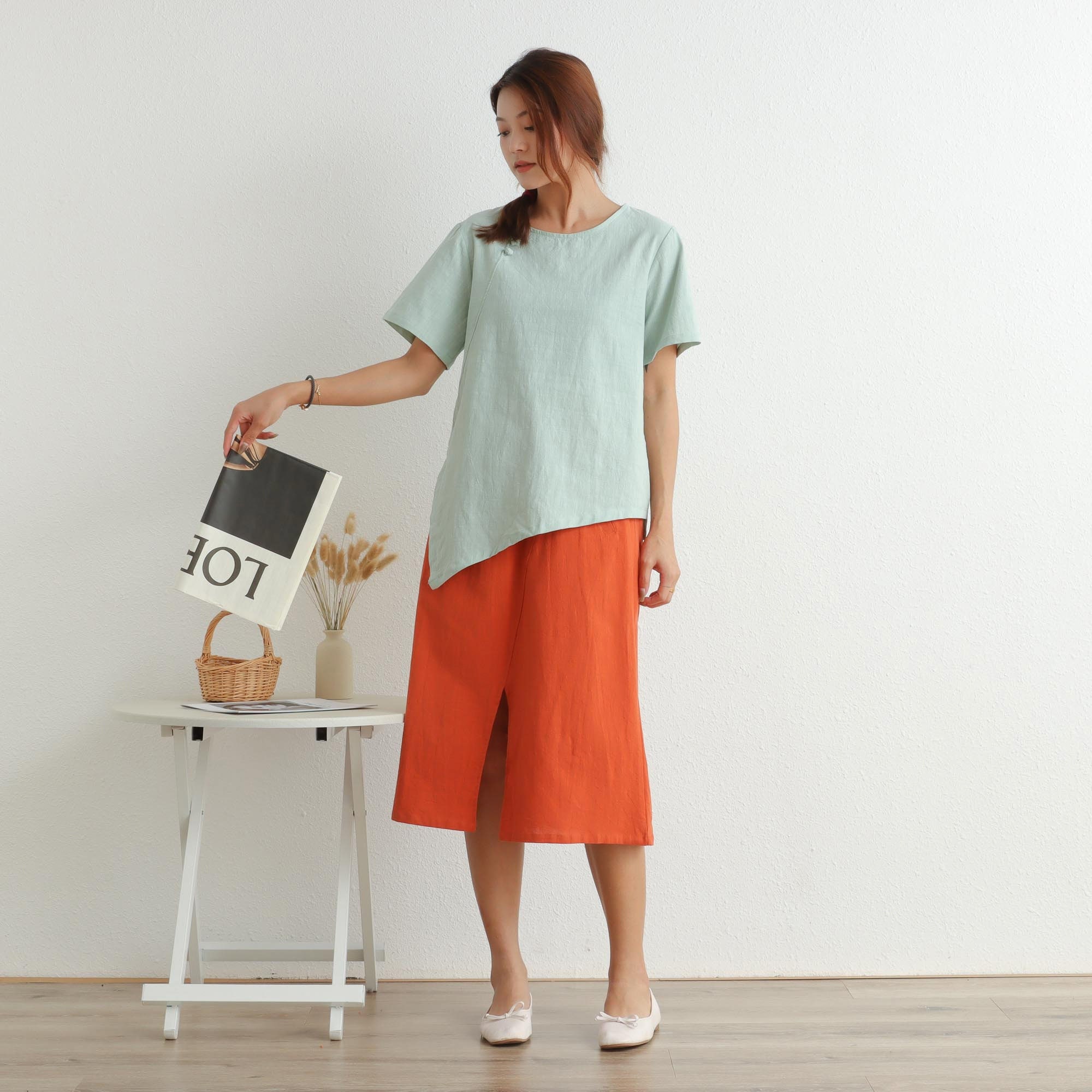 Summer Cotton Tops Short Sleeves Retro Blouse Casual Loose Kimono Customized Irregular Pullover Top Hand Made Plus Size Clothes Linen Tops