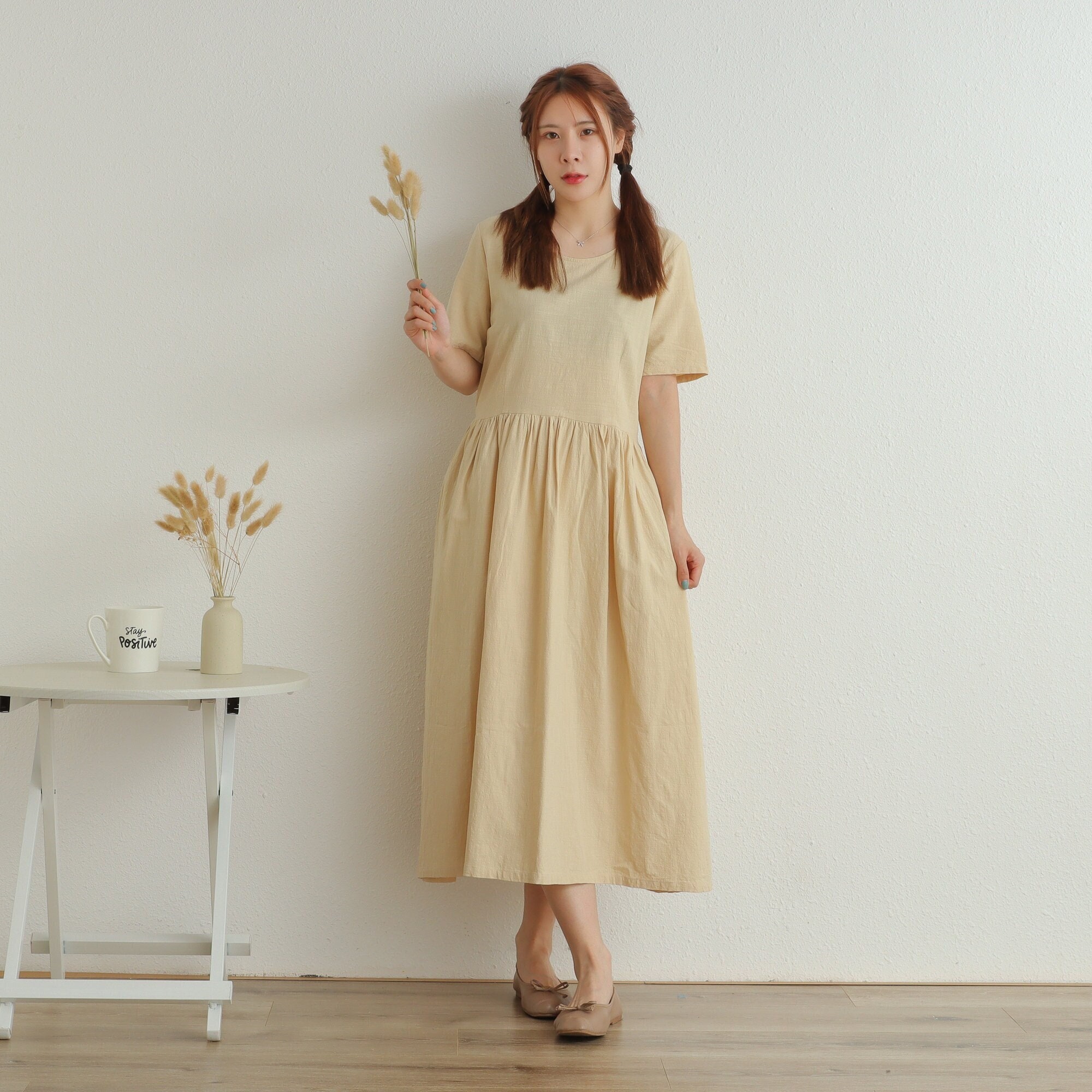 Summer Dress Short Sleeves Dress Casual Loose Dress Tunics Cotton Robes Midi Dresses Customized Dress Plus Size Clothing Linen Dress Dress