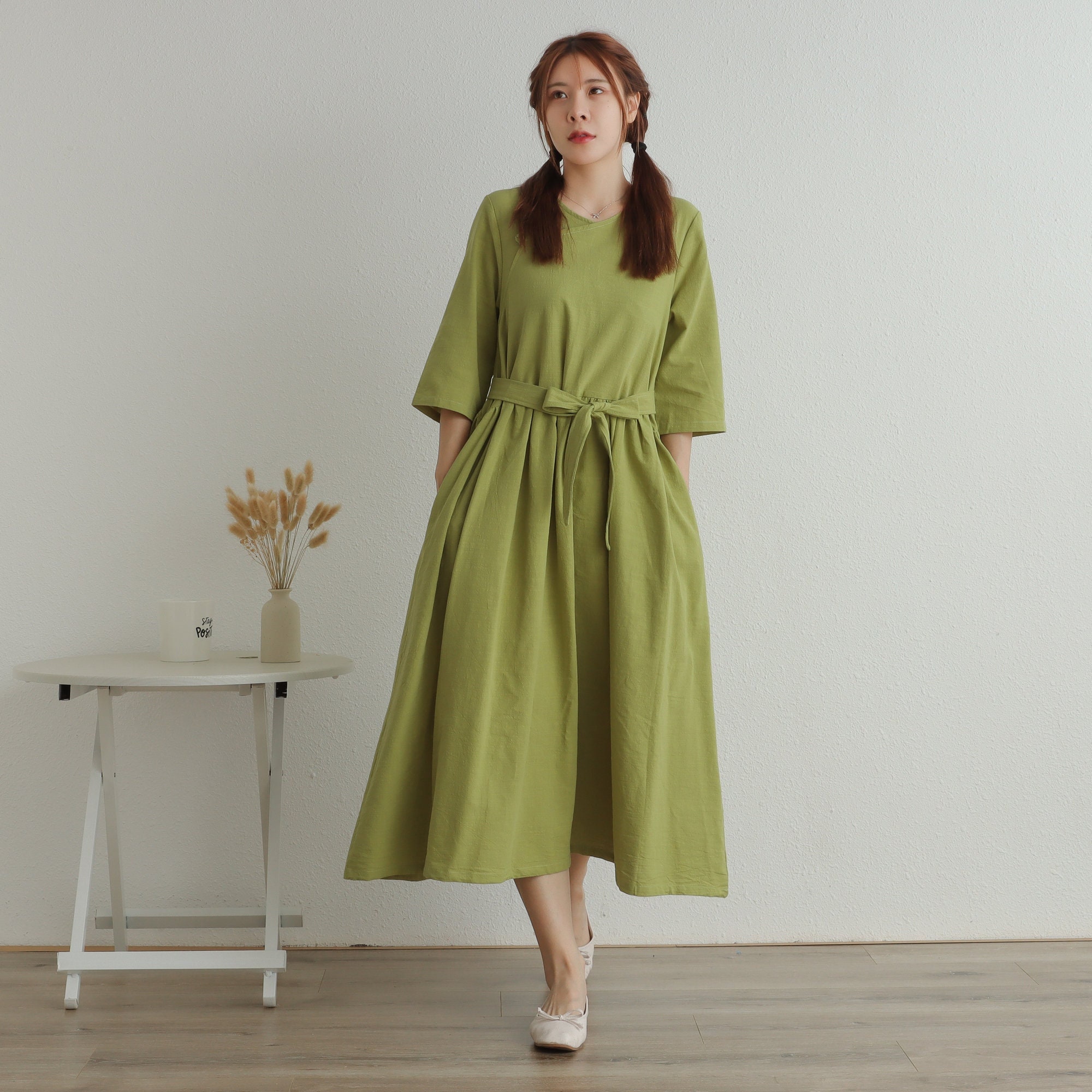 Women Cotton Half Sleeves Dress Soft Casual Loose Tunics Cotton Robes Midi Dresses Customized Dress Plus Size Clothing Linen Dress