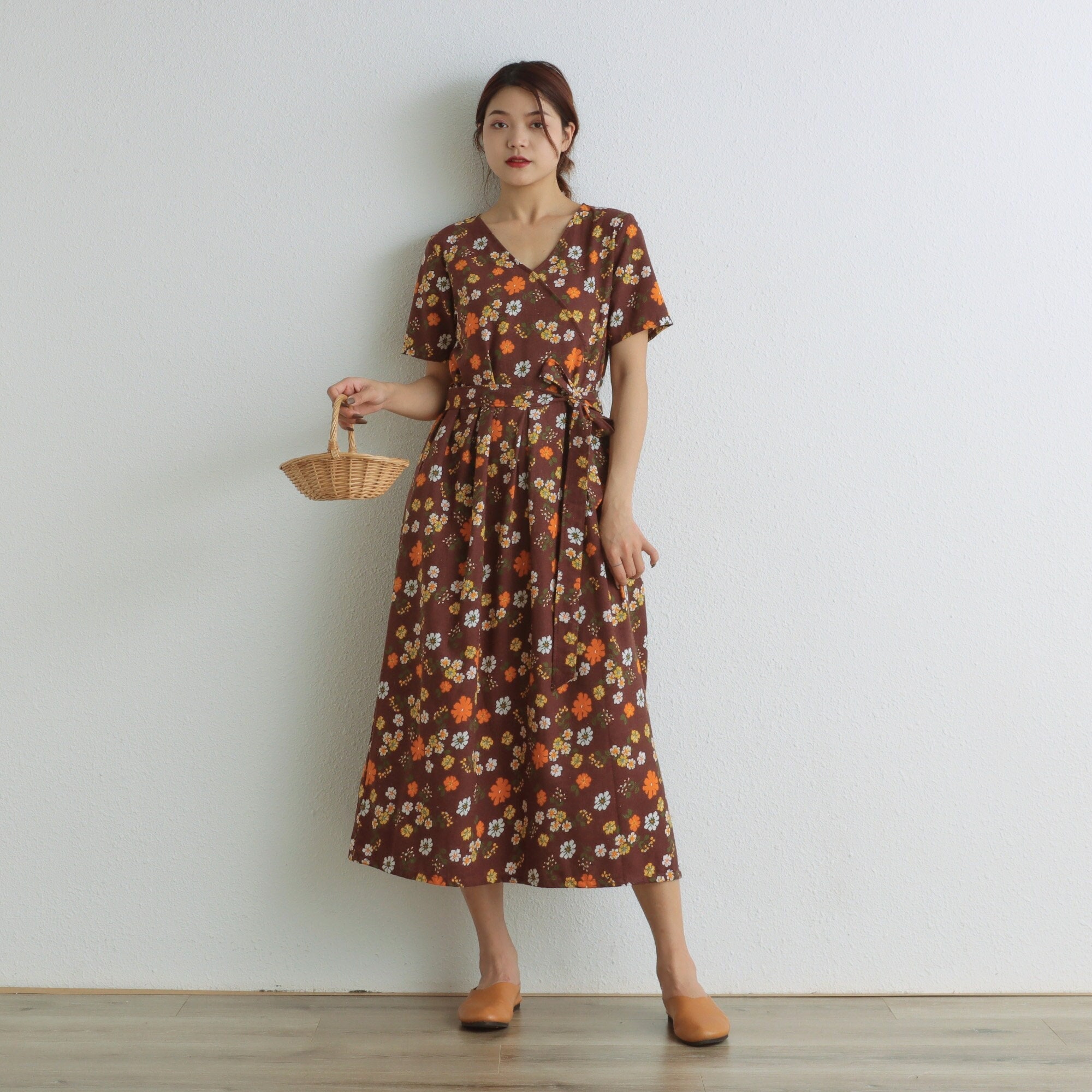 Summer Dresses Short Sleeves Dress Floral Casual Loose Dress Tunics Cotton Robes Midi Dresses Customized Dress Plus Size Linen Dress Dress