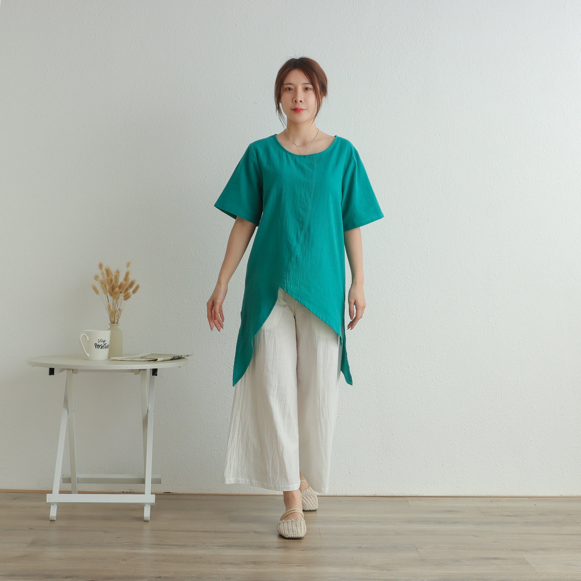 Summer Cotton Tops Short Sleeves Blouse Casual Loose Kimono Customized Shirt Irregular Pullover Top Customize Plus Size Clothes Linen Blouse