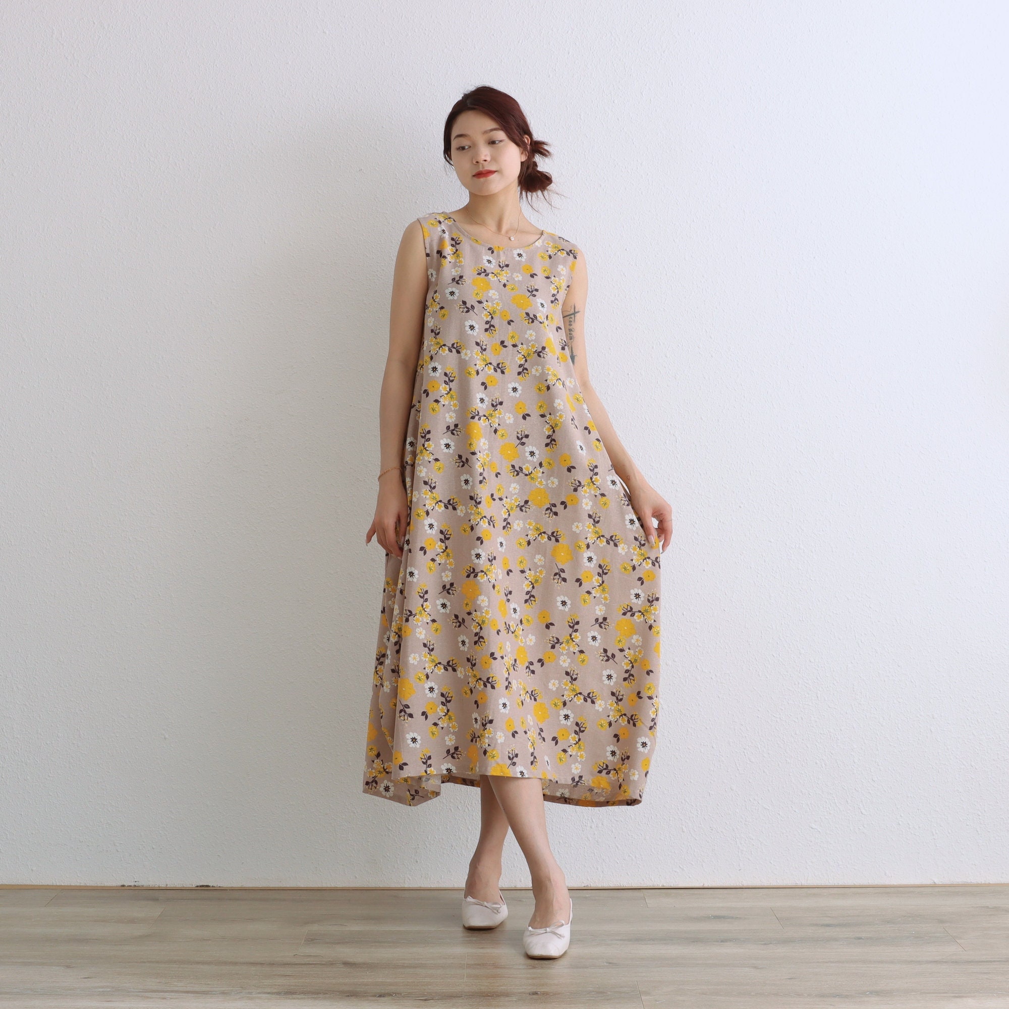 Printed Cotton Dress Summer Dress Sleeveless Floral Sundress Casual Loose Dress A-line Midi Dresses Customized Dress Plus Size Linen Dress