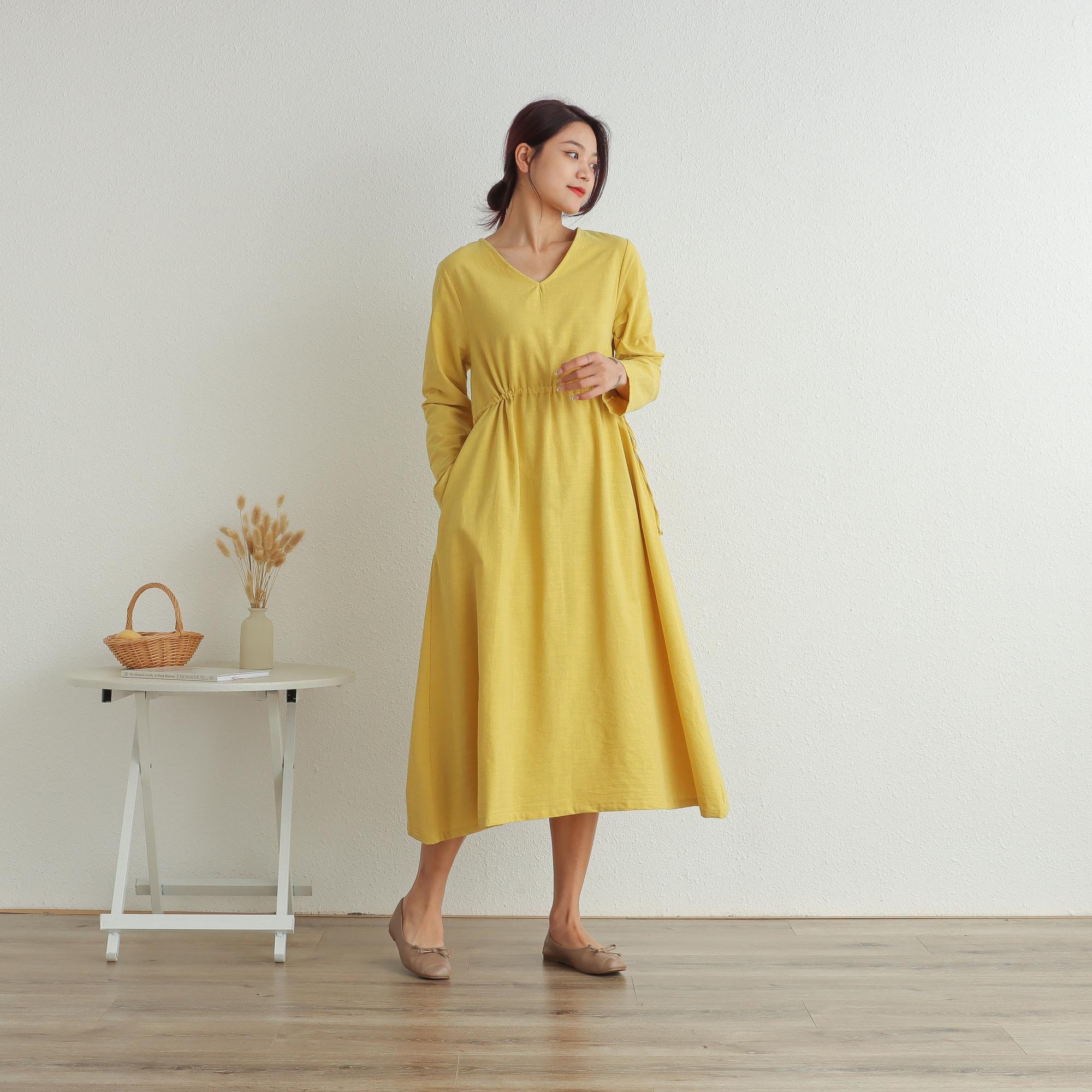 Spring Soft Cotton Dress Casual Loose Robes Long Sleeves V-neck Dress Boho Tunics Midi Retro Dresses Customized Dress Plus Size Linen Dress