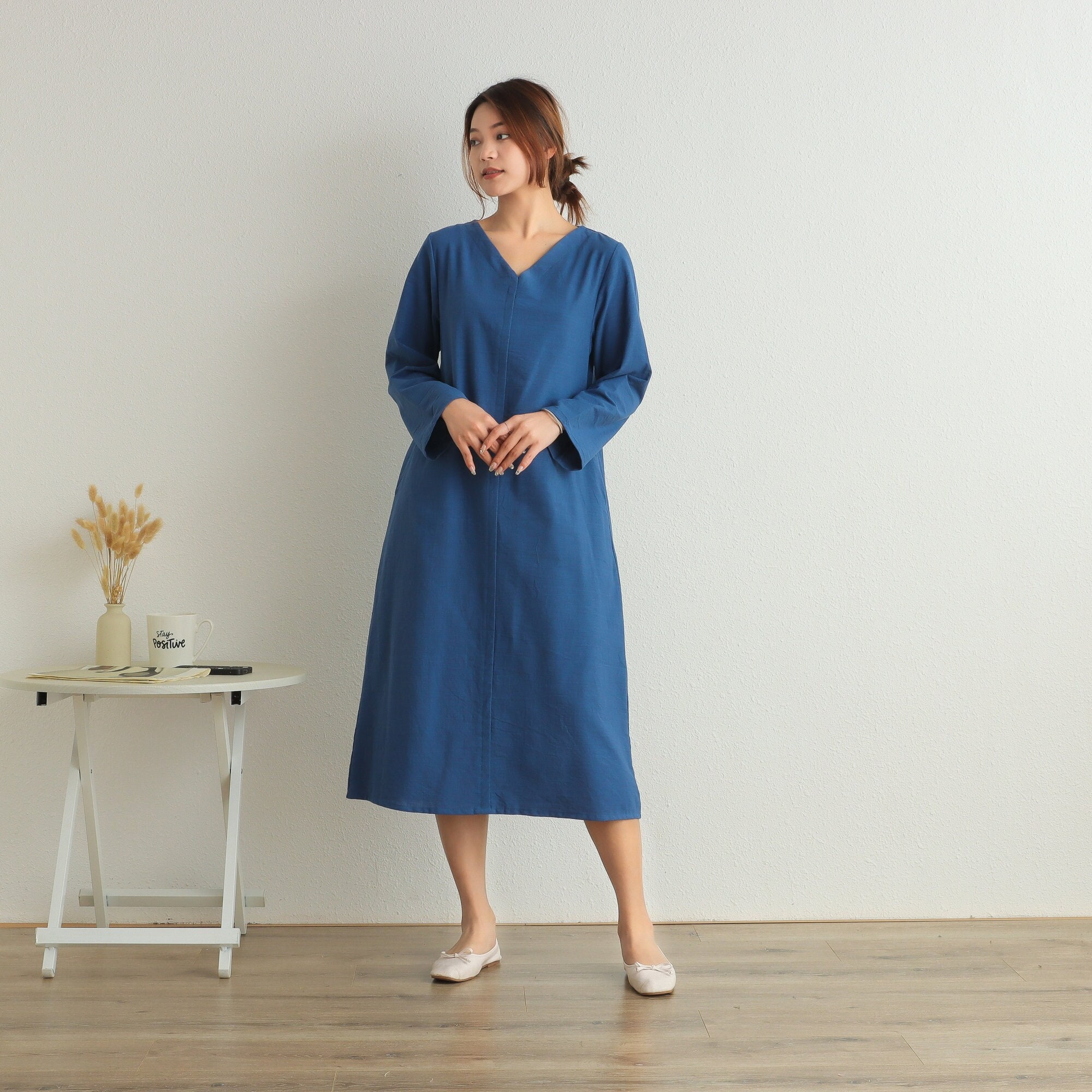 Cotton Dress Casual Loose Robes V-neck Long Sleeves Shift Dress Boho A-line Midi Retro Dresses Customized Plus Size Clothing Linen Dress