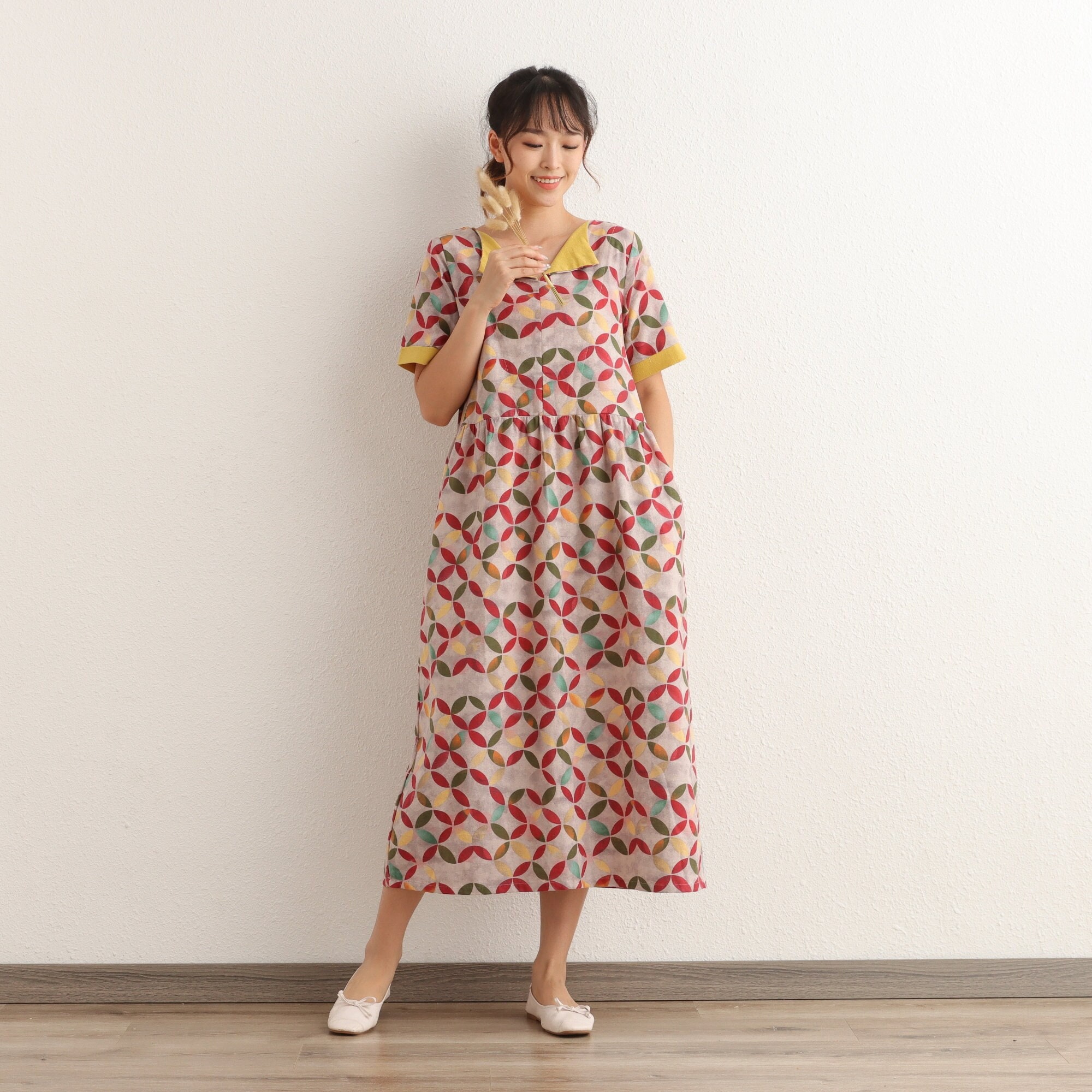 Summer Floral Cotton Dress Printed Short Sleeves Dress Casual Loose Dress Tunics Midi Dresses Customize Dress Plus Size Clothing Linen Dress