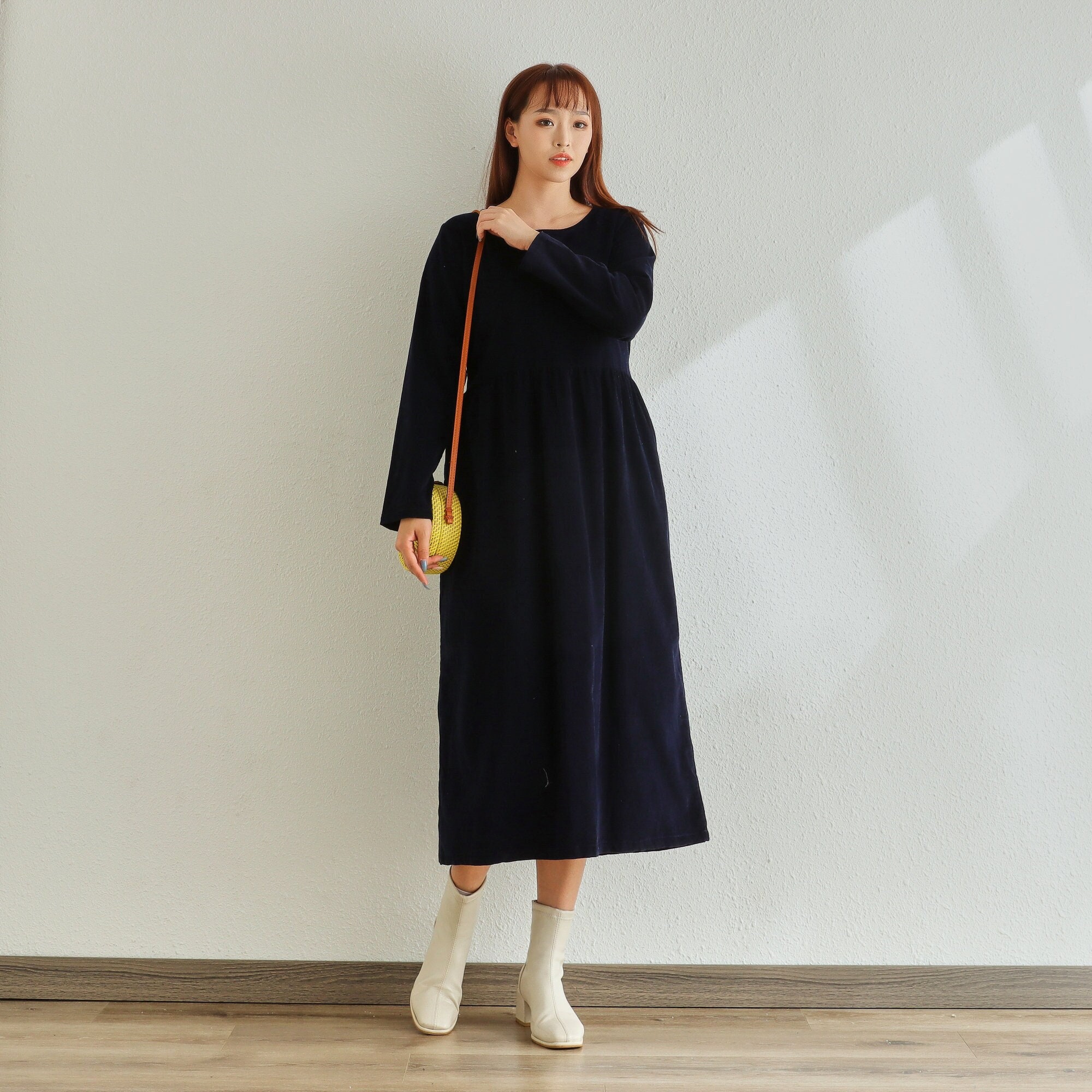 Winter/Fall Dress Cotton Corduroy Dress Long Sleeves Tunics Dress Loose Warm Dress Customized Midi Dress Hand Made Plus Size Corduroy Robe